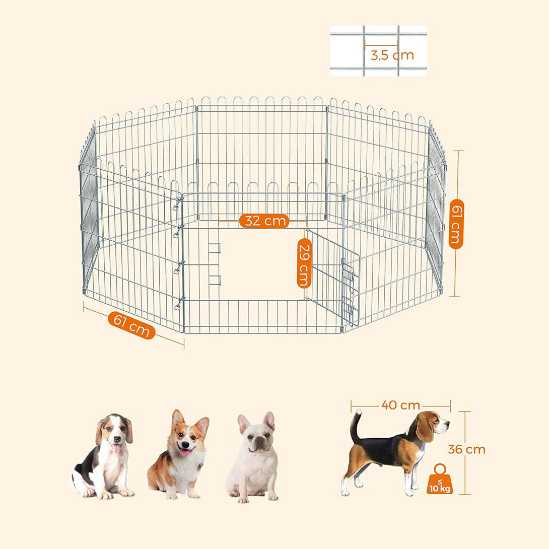 Kutya kennel, kutyaketrec, 61 cm magas, összecsukható kifutó 8 paneles, ezüst | FEANDREA-VASBÚTOR