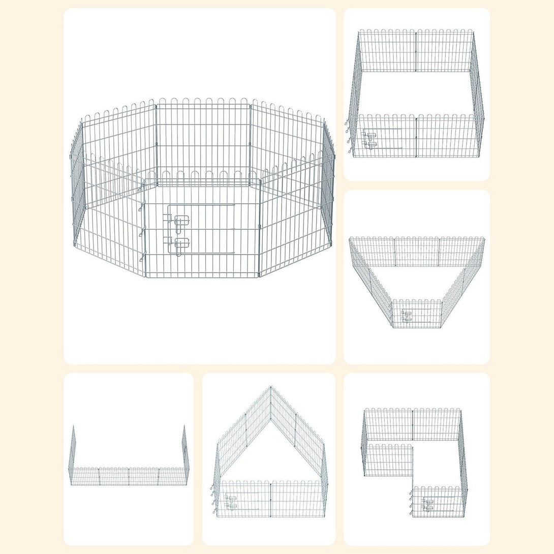 Kutya kennel, kutyaketrec, 61 cm magas, összecsukható kifutó 8 paneles, ezüst | FEANDREA-VASBÚTOR
