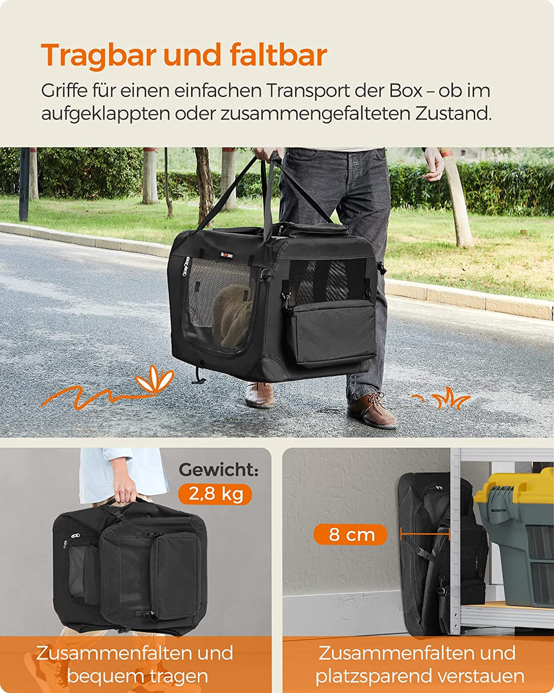 Kutyaszállító táska 60 x 42 x 42 cm, összecsukható kisállathordozó, M, fekete | FEANDREA-VASBÚTOR