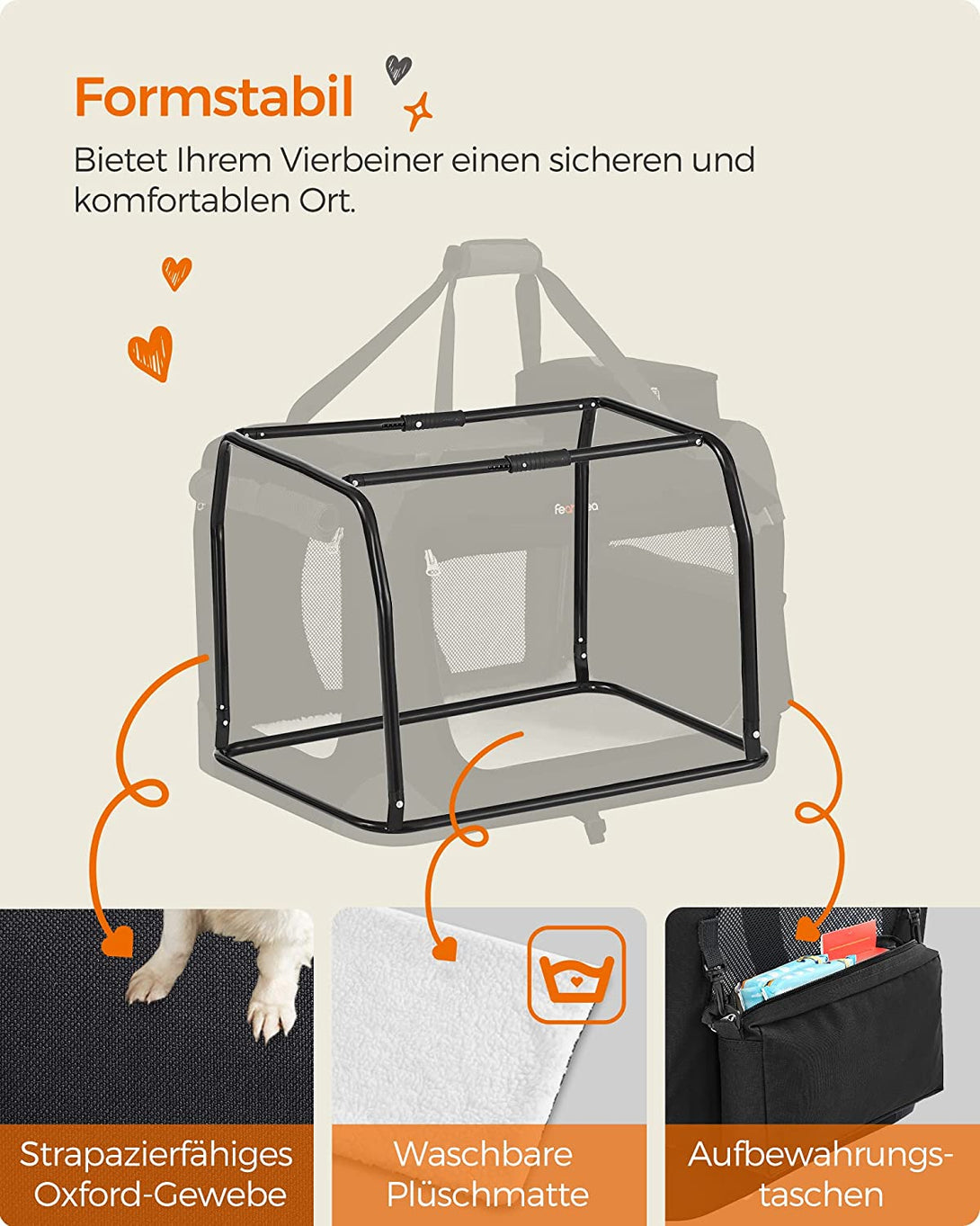 Kutyaszállító táska 60 x 42 x 42 cm, összecsukható kisállathordozó, M, fekete | FEANDREA-VASBÚTOR