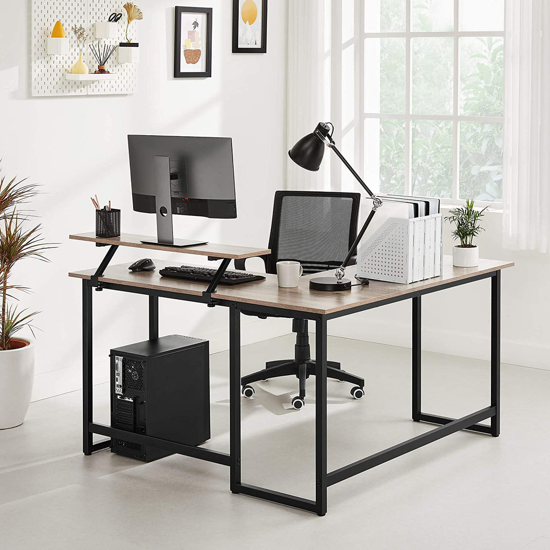 L-alakú számítógépes asztal monitor állvánnyal, szürke - fekete-VASBÚTOR