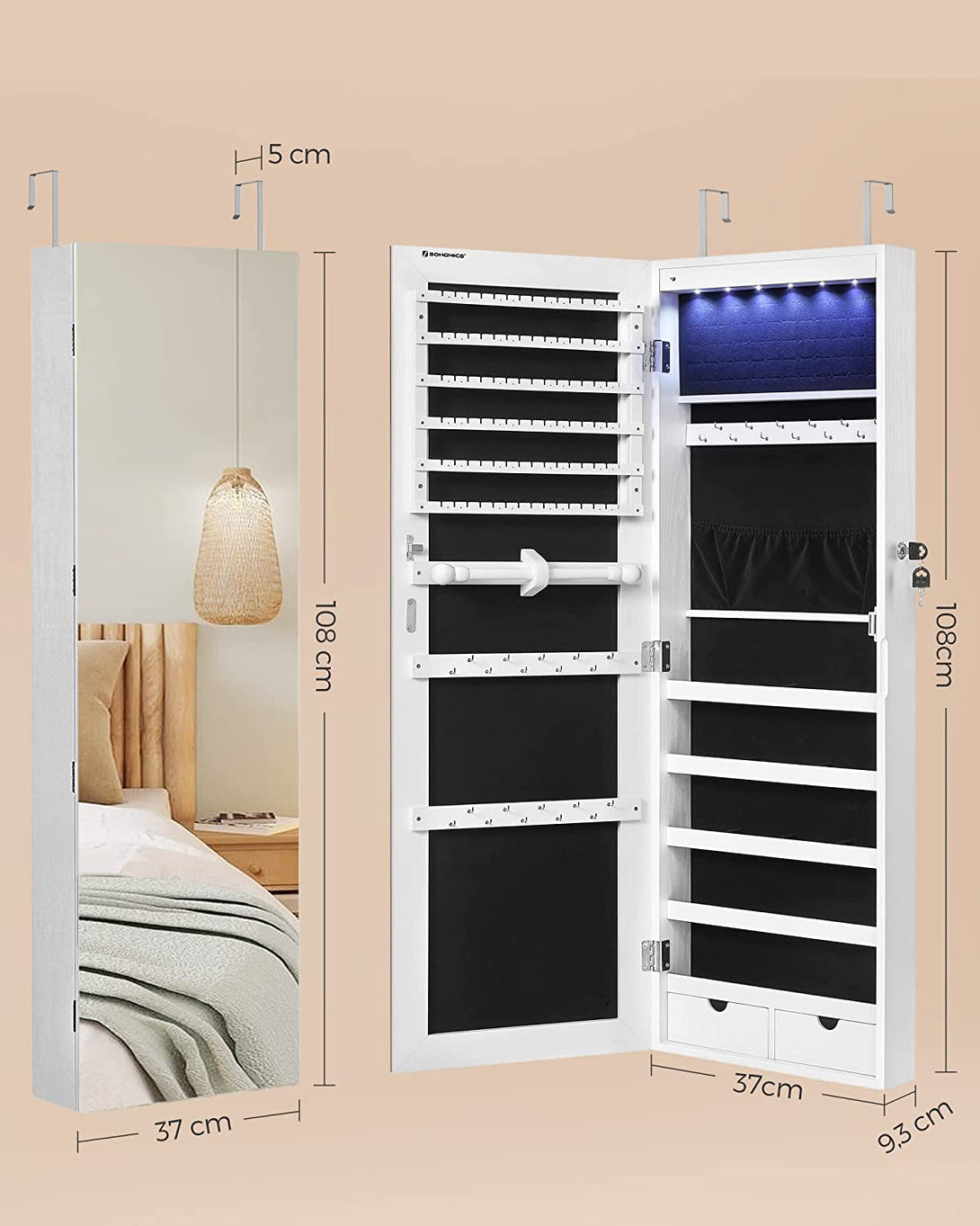 LED ékszertartó falra vagy ajtóra szerelhető, fehér-VASBÚTOR