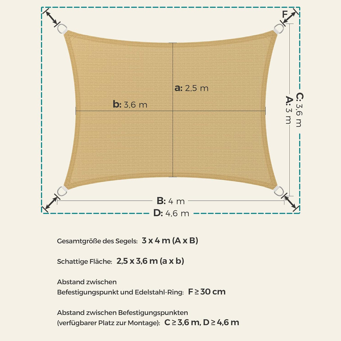 Légáteresztő napvitorla, 3 x 4 m, homok sárga-VASBÚTOR
