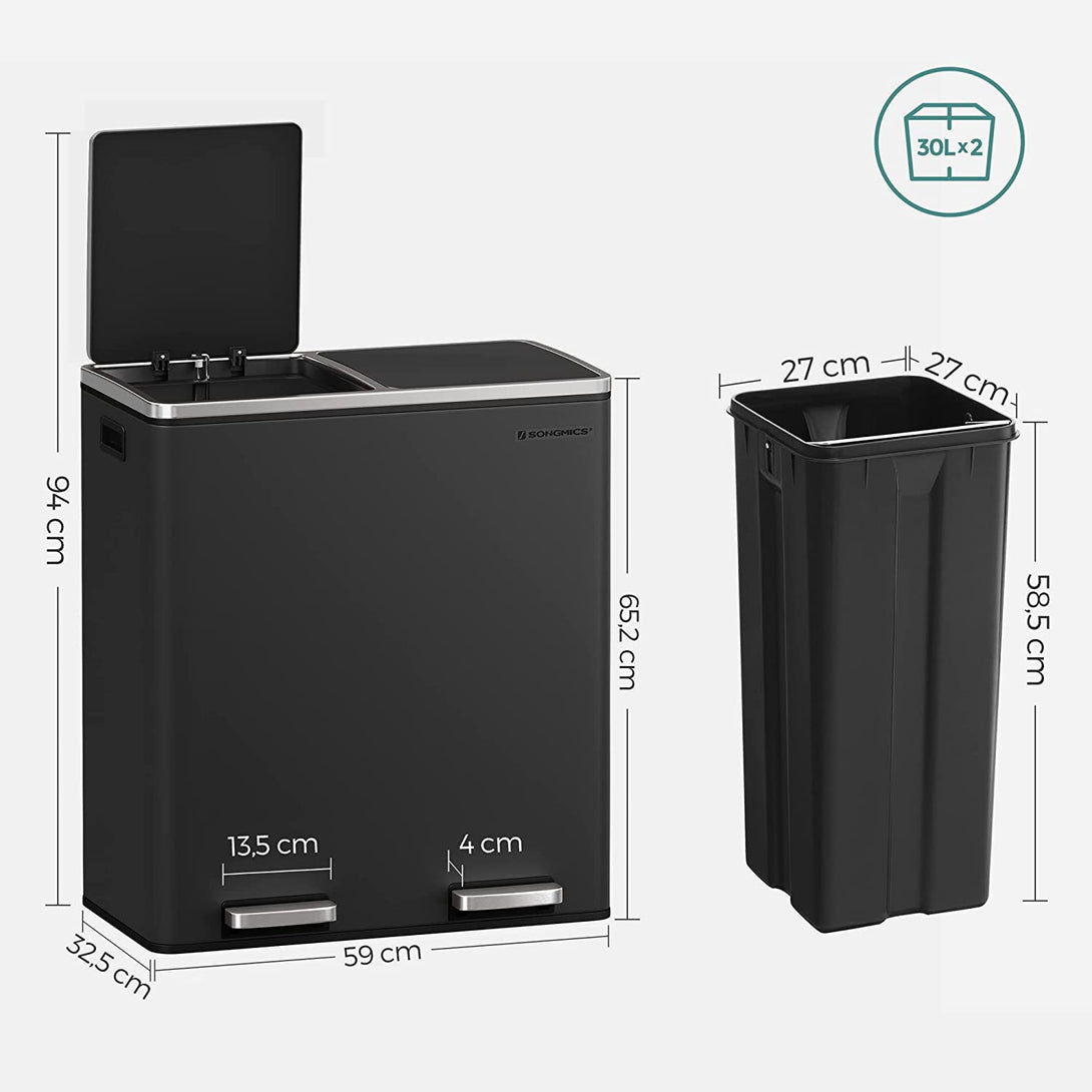 Légmentes fém pedálos dupla szemetes 2 x 30L, 15 szemeteszsákkal, fekete-VASBÚTOR