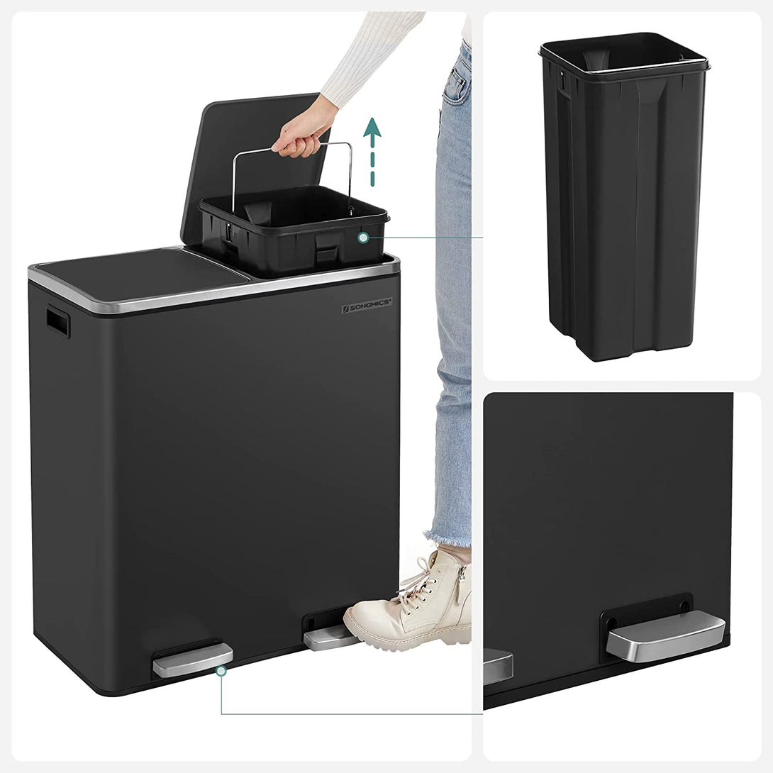 Légmentes fém pedálos dupla szemetes 2 x 30L, 15 szemeteszsákkal, fekete-VASBÚTOR