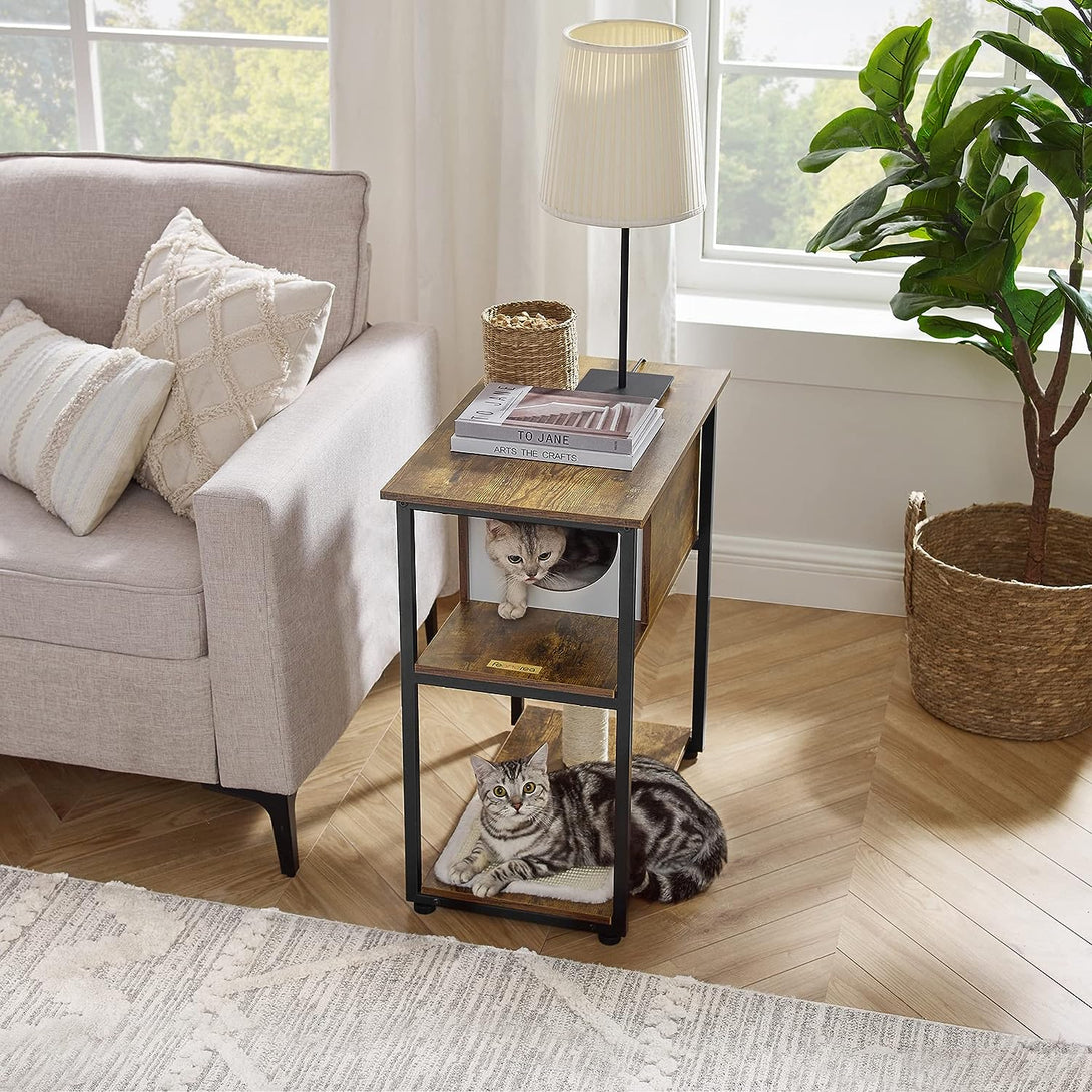 Macska bútor, kis asztal macskakaparó szőnyeggel, rusztikus barna | FEANDREA-VASBÚTOR