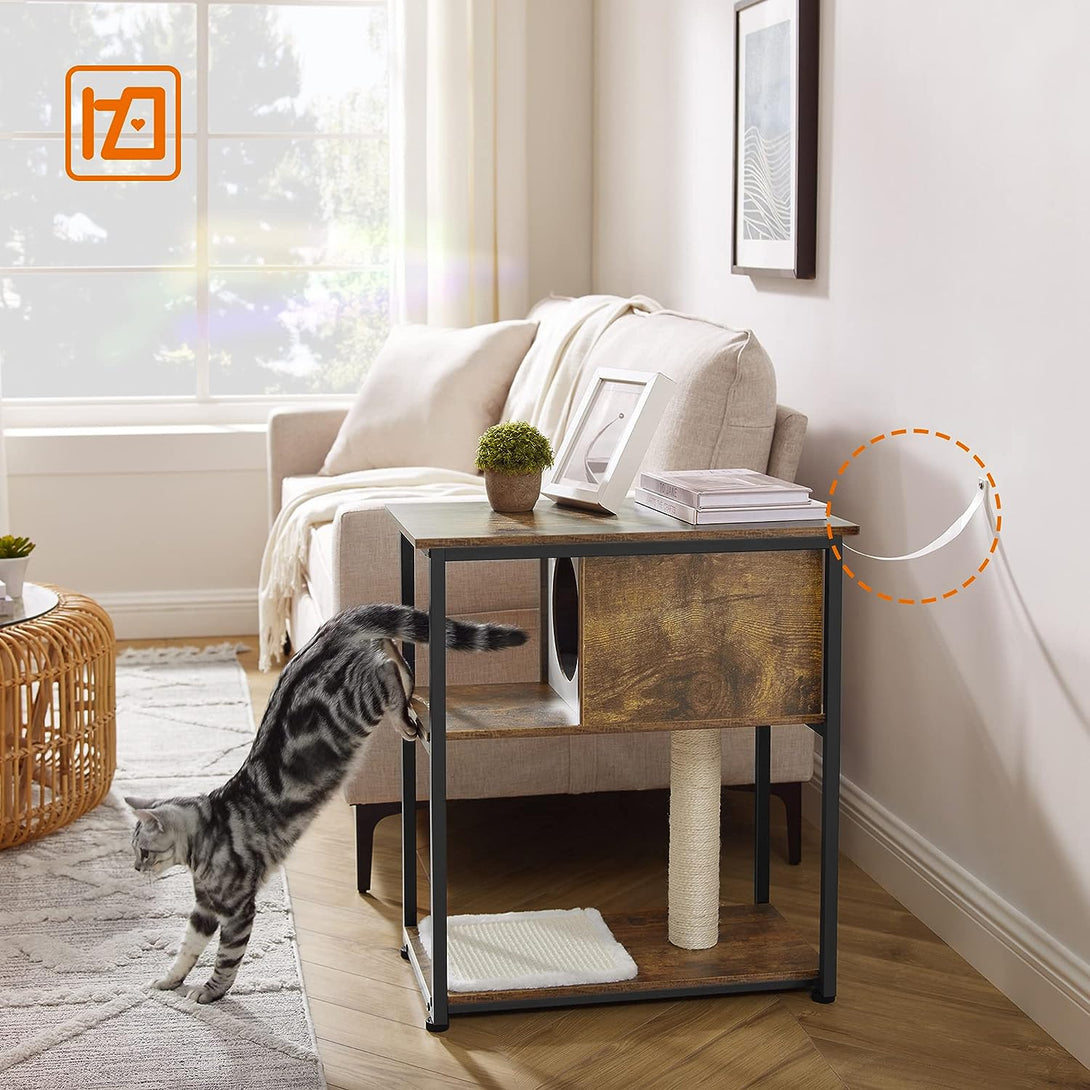 Macska bútor, kis asztal macskakaparó szőnyeggel, rusztikus barna | FEANDREA-VASBÚTOR