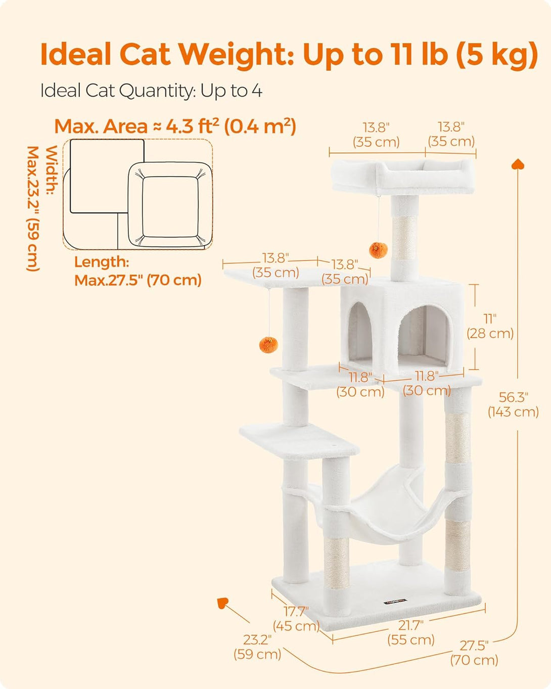Macska kaparófa, 143 cm-es többszintes plüss macska torony, krémfehér-VASBÚTOR