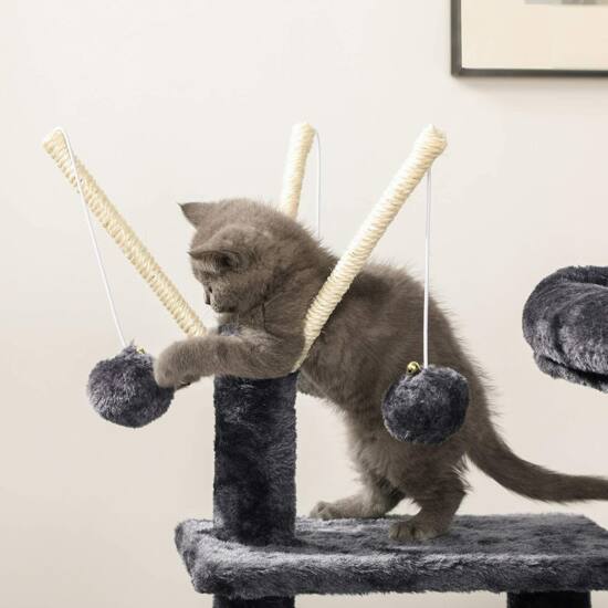 Macska mászóka 72 cm-es 3 pompon, füstös szürke-VASBÚTOR