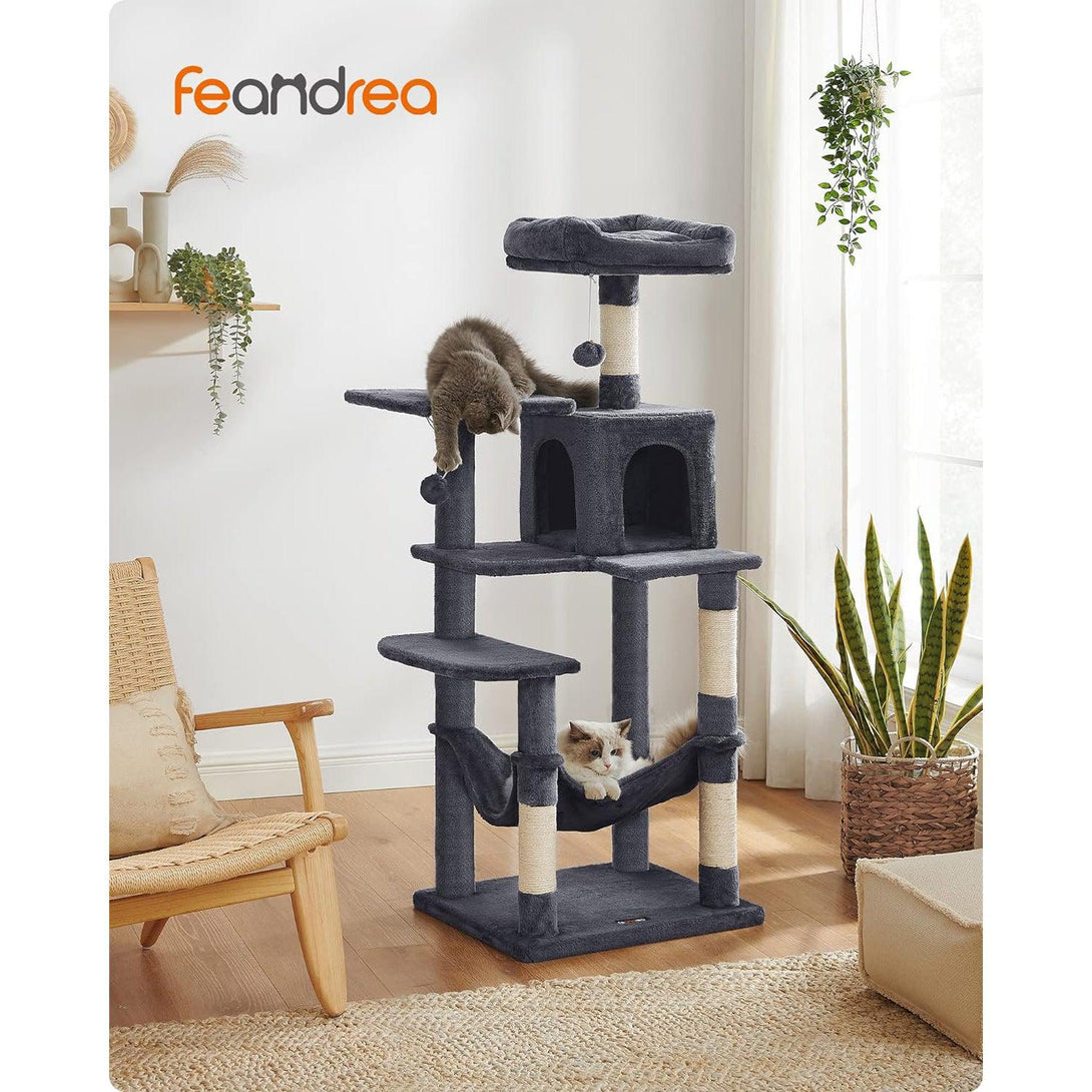 Macskakaparóoszlop, 143 cm magas, többszintes macskabútor, füstszürke | Feandrea-VASBÚTOR
