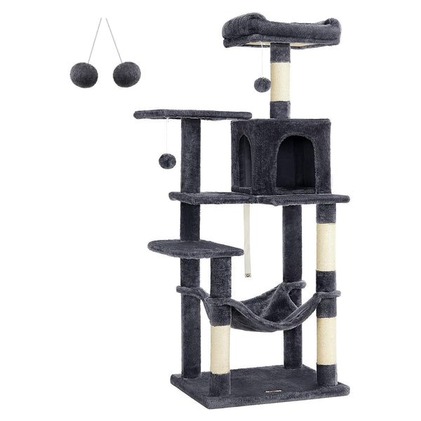 Macskakaparóoszlop, 143 cm magas, többszintes macskabútor, füstszürke | Feandrea-VASBÚTOR