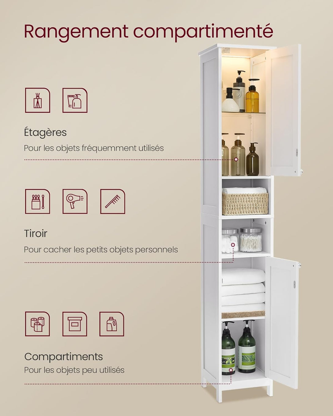 Magas és keskeny fürdőszobai szekrény világításal 170x30x30 fehér színben-VASBÚTOR