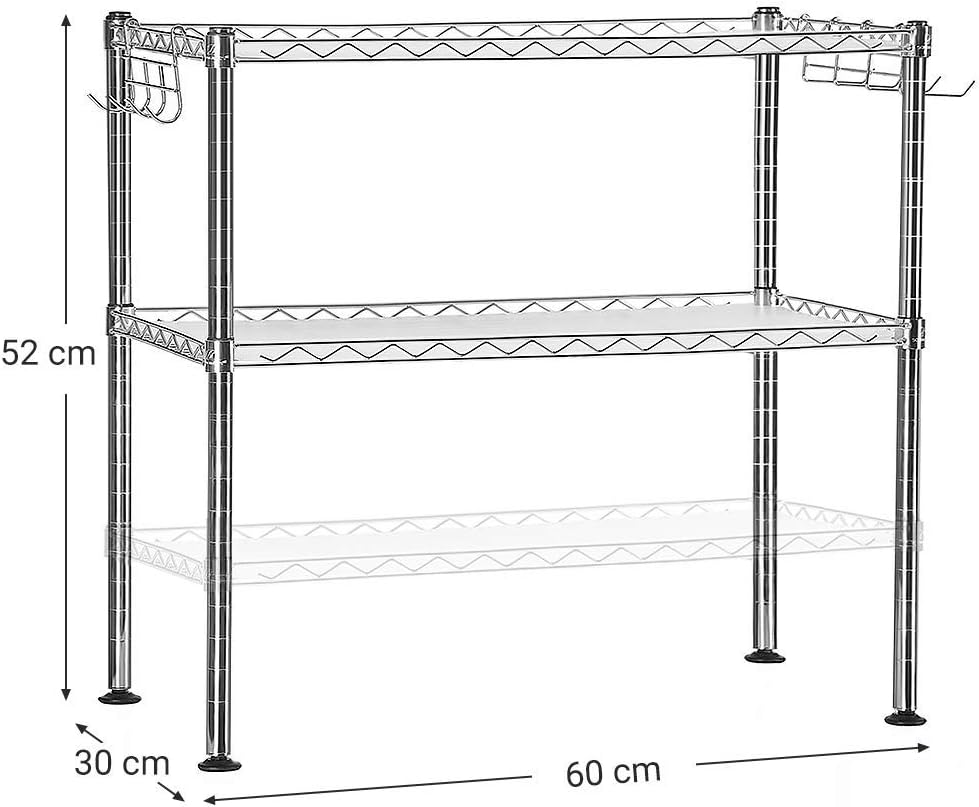 Mikrohullámú sütő állvány 60x30x52 cm, 2 szintes konyhai tároló rendszerező állvány, ezüst-VASBÚTOR