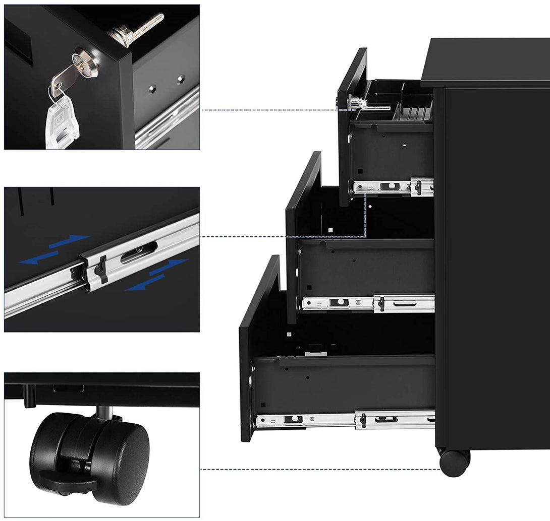 Mobil iratszekrény, zárható guruló konténer 3 fiókkal, matt fekete-VASBÚTOR