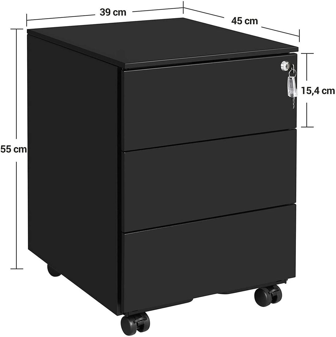 Mobil iratszekrény, zárható guruló konténer 3 fiókkal, matt fekete-VASBÚTOR