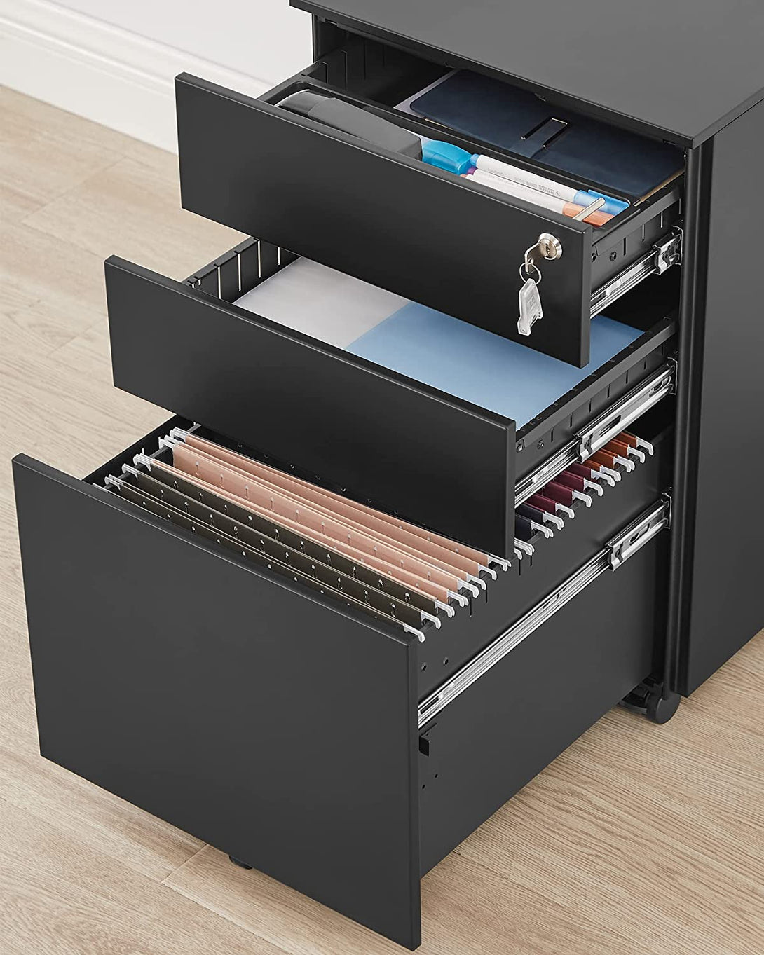 Mobil szekrény, zárható irodai szekrény 3 fiókkal, fekete-VASBÚTOR