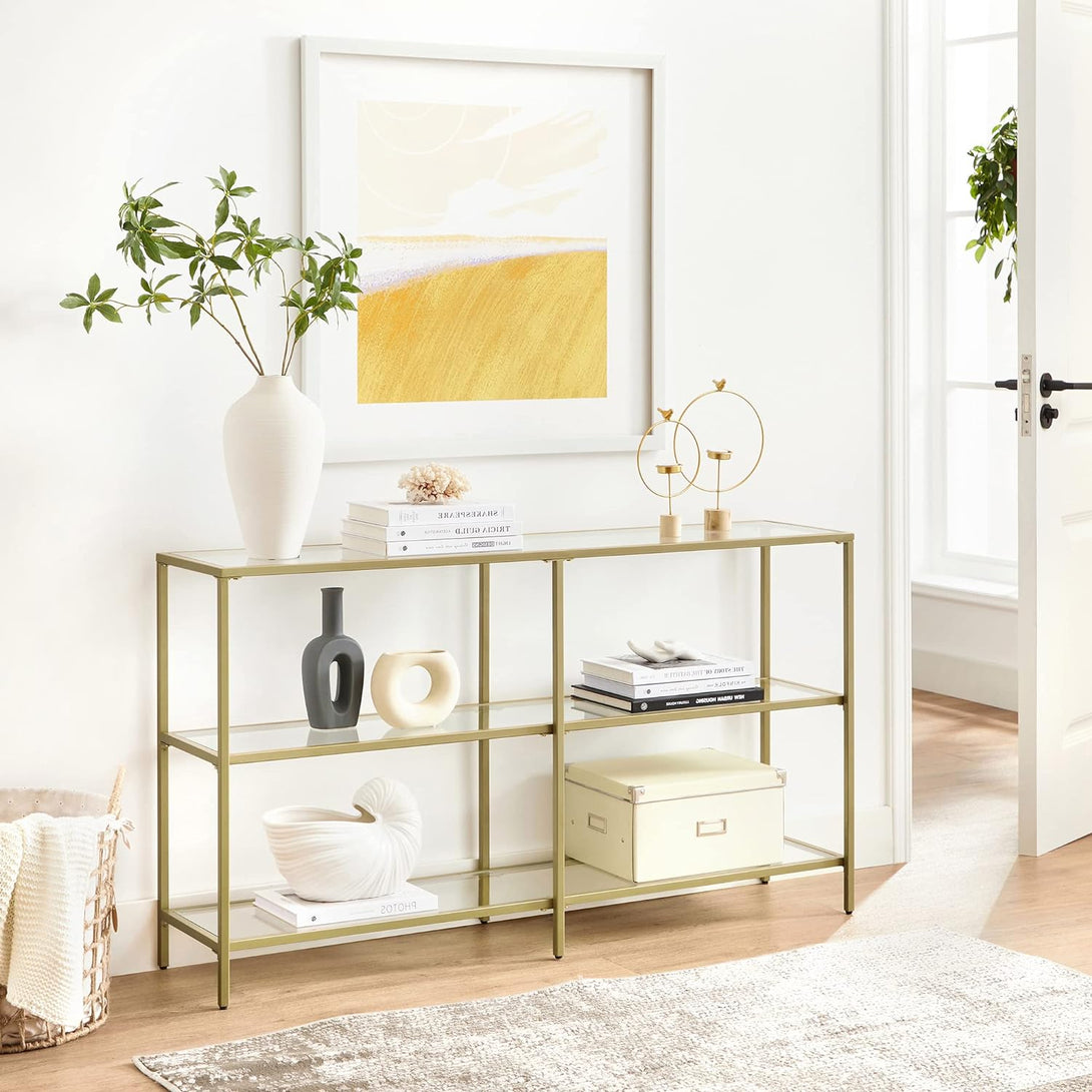 Modern konzolasztal, üvegpolccal, arany színű-VASBÚTOR