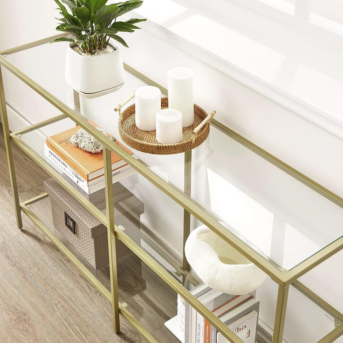 Modern konzolasztal, üvegpolccal, arany színű-VASBÚTOR