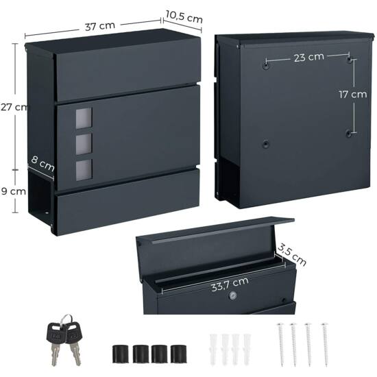 Modern postaláda újságtartóval 37x10,5x37 cm, antracitszürke-VASBÚTOR