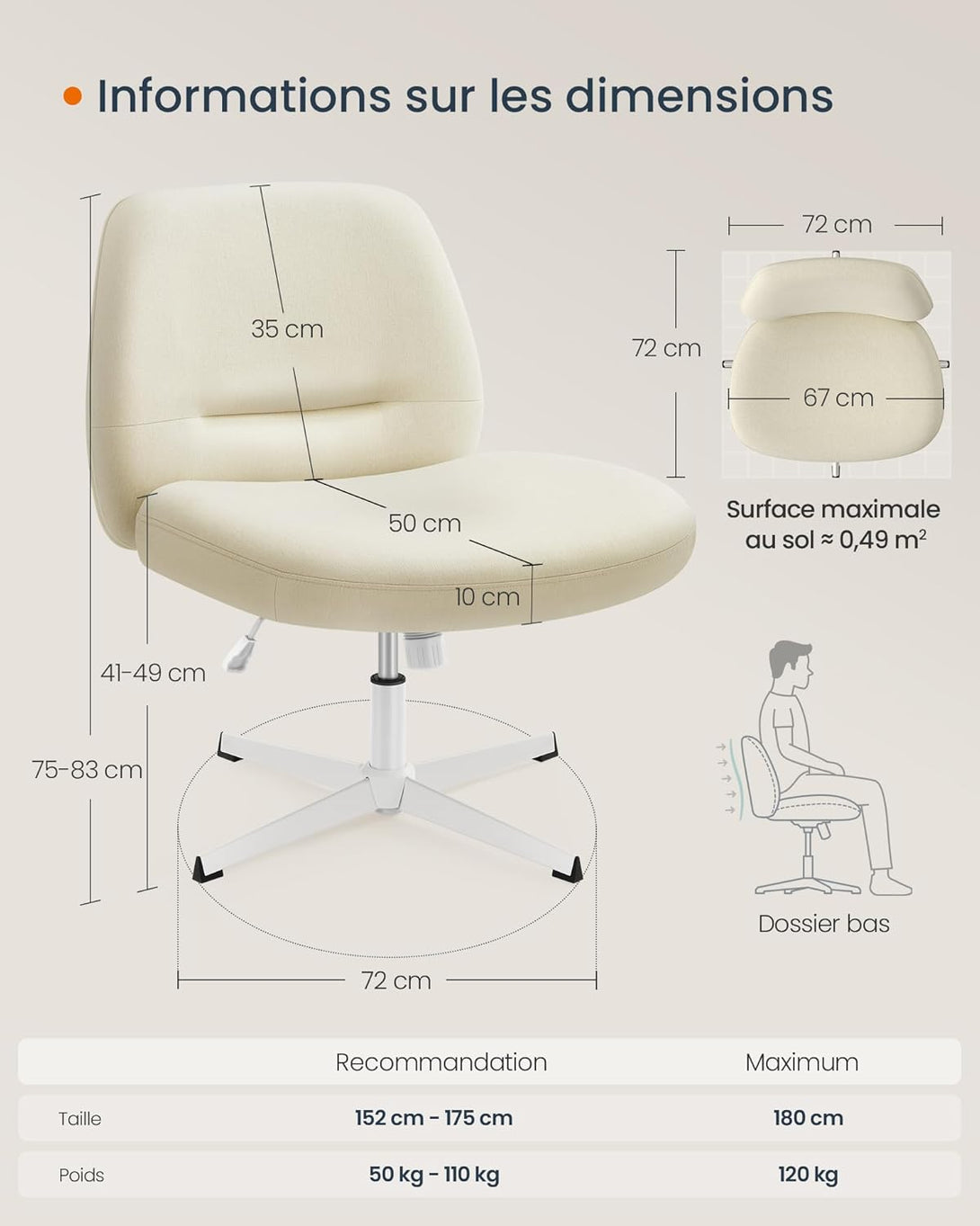 Modern szövet szék, forgószék karfa nélkül, állítható magasságú, krémfehér-VASBÚTOR