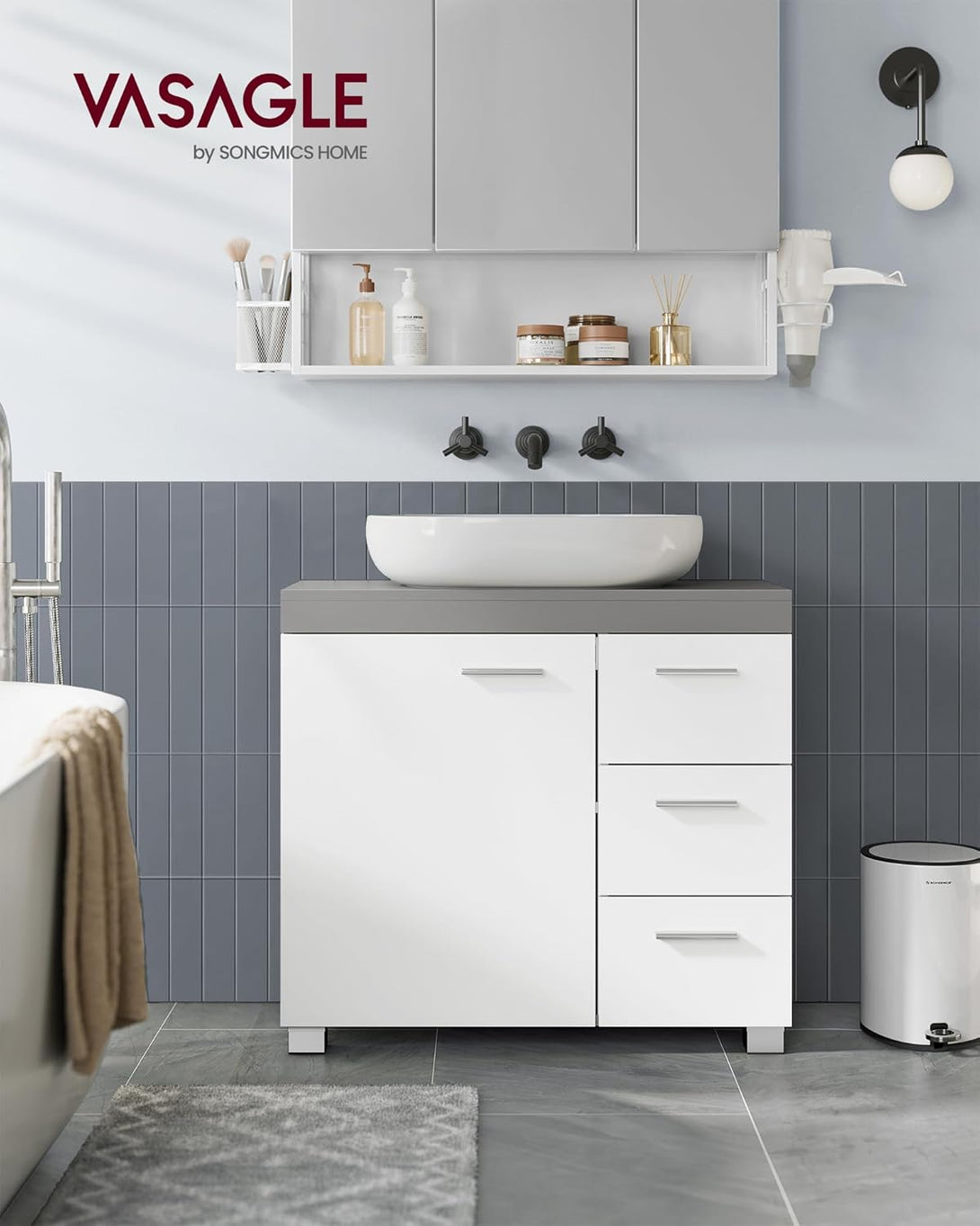 Mosdó alatti szekrény, fürdőszobai szekrény 30 × 70 × 64 cm，fehér–szürke-VASBÚTOR