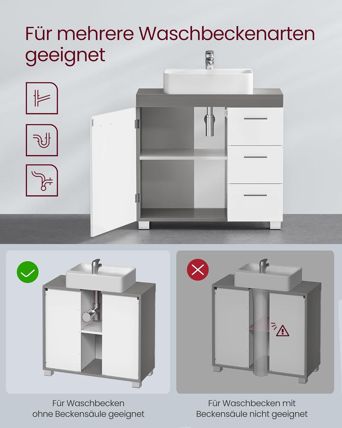 Mosdó alatti szekrény, fürdőszobai szekrény 30 × 70 × 64 cm，fehér–szürke-VASBÚTOR