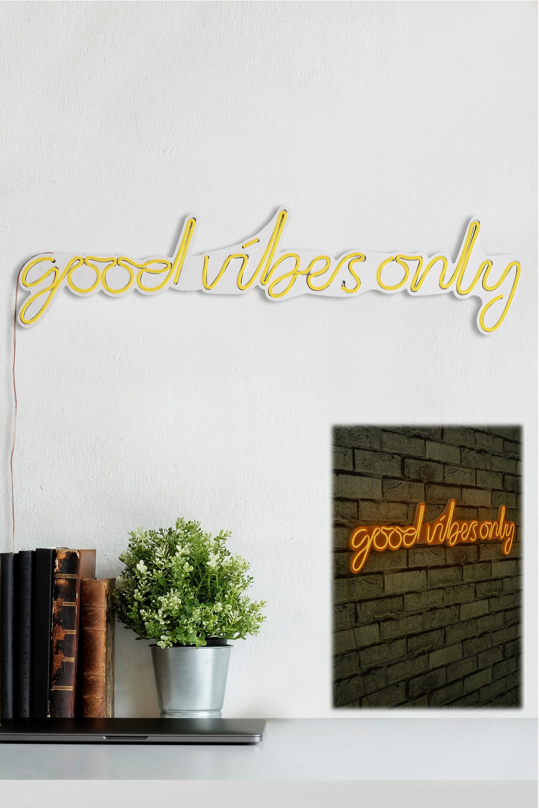 Műanyag LED-es fali dekoráció, Good Vibes Only - Sárga-VASBÚTOR