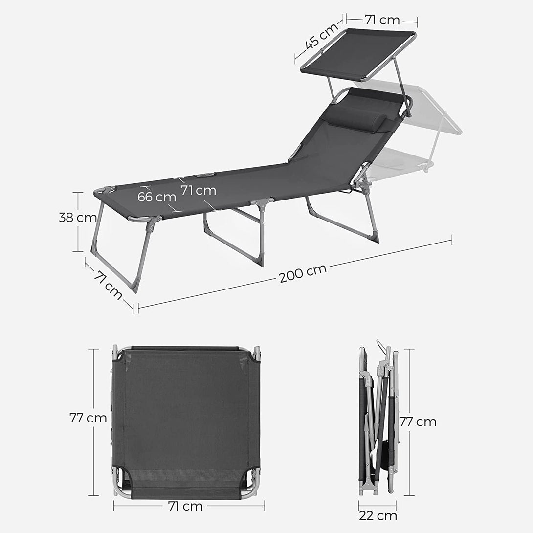 Nagy összecsukható napozóágy 71 x 200 x 38 cm, nyugágy napellenzővel, füstszürke-VASBÚTOR