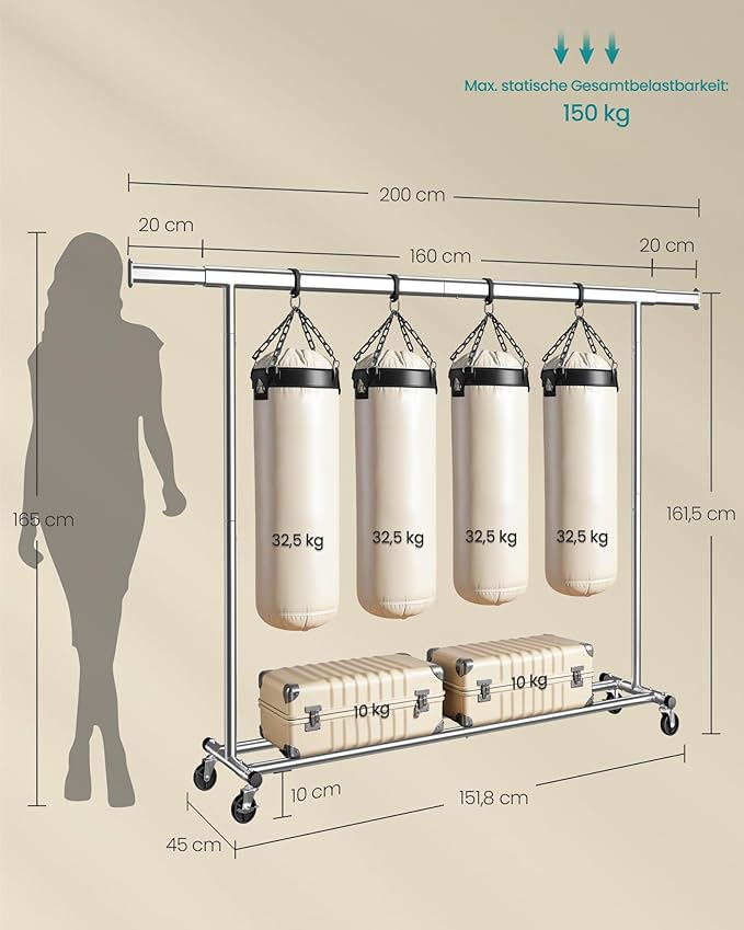 Nagy teherbírású ruhatartó állvány 150 kg maximális terheléssel, ezüst színben-VASBÚTOR
