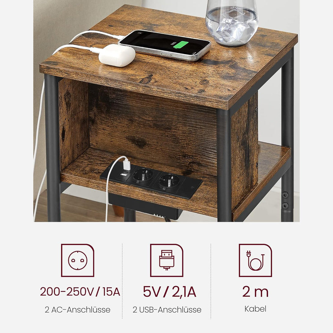 Oldalsó asztal, éjjeliszekrény, USB port bemenettel, barna/fekete-VASBÚTOR