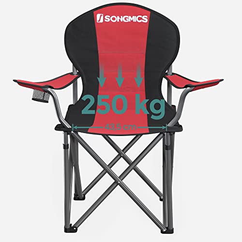 Összecsukható kempingszék, kényelmes szivacsüléssel, pohártartóval, maximális terhelhetőség 250 kg, piros-VASBÚTOR