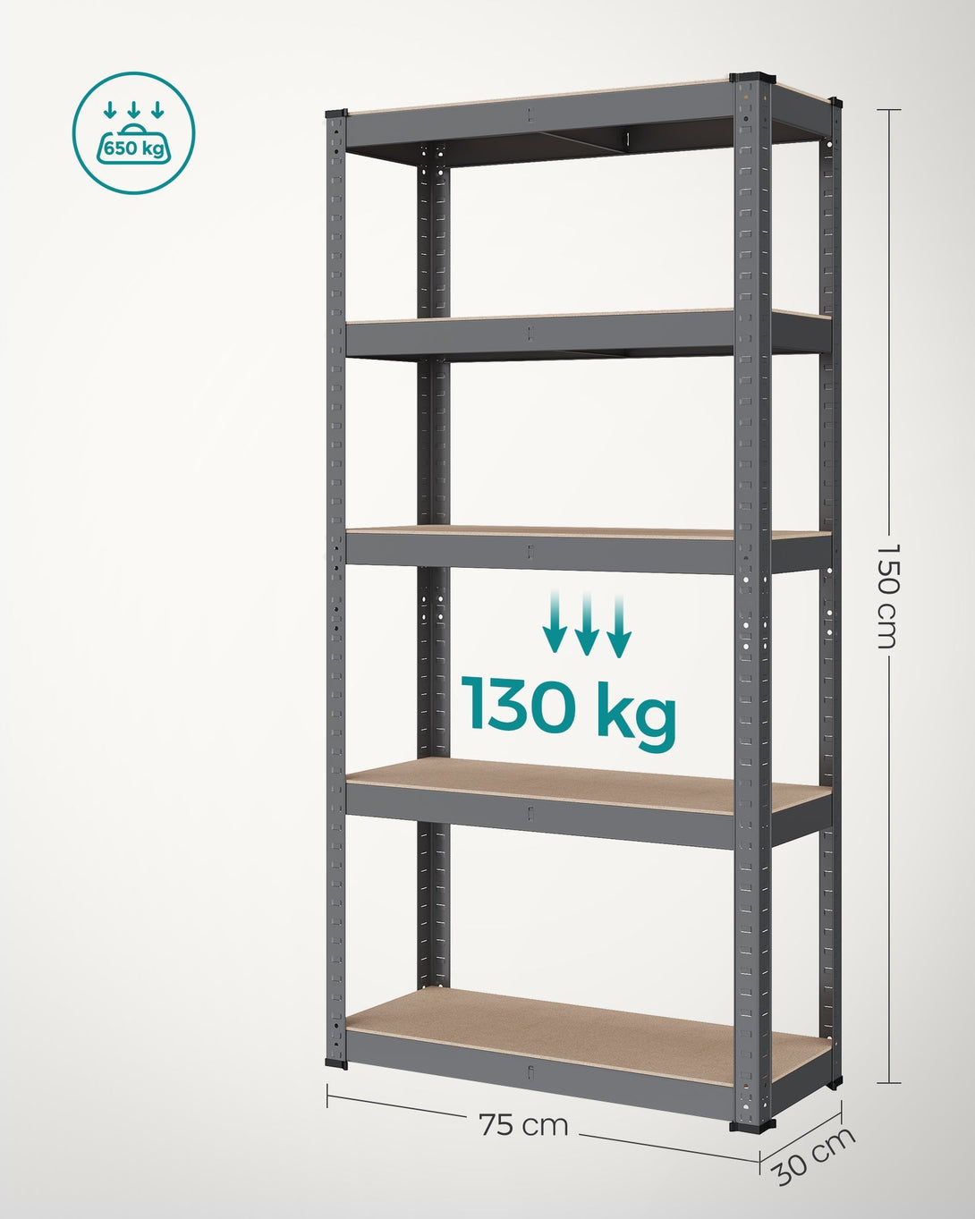 Ötszintes polcrendszer, acél polcrendszer tárolásra, csavarmentes összeszerelés, teherbírás 650 kg, 30 x 75 x 150 cm, szürke-VASBÚTOR