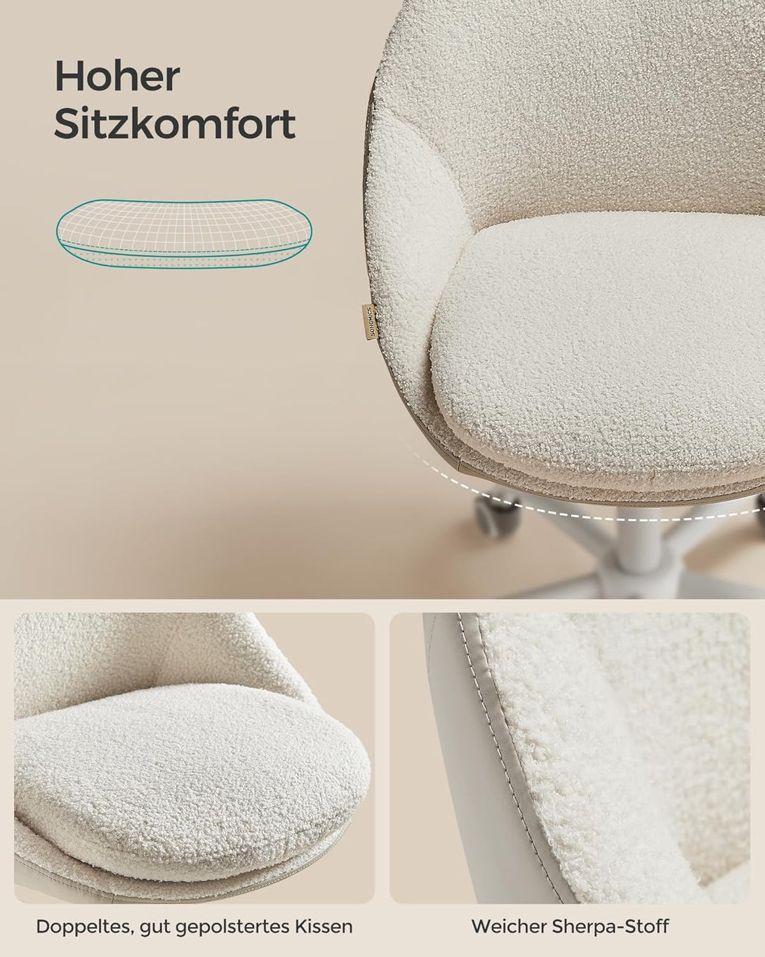 Otthoni irodai szék, sminkszék sherpa anyagból, cappuccino bézs–felhőfehér színben-VASBÚTOR
