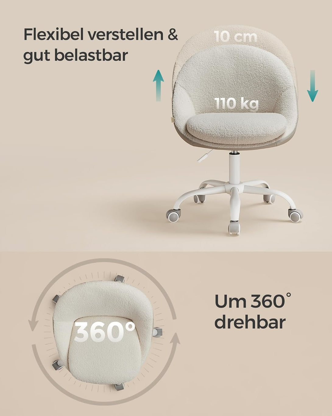 Otthoni irodai szék, sminkszék sherpa anyagból, cappuccino bézs–felhőfehér színben-VASBÚTOR
