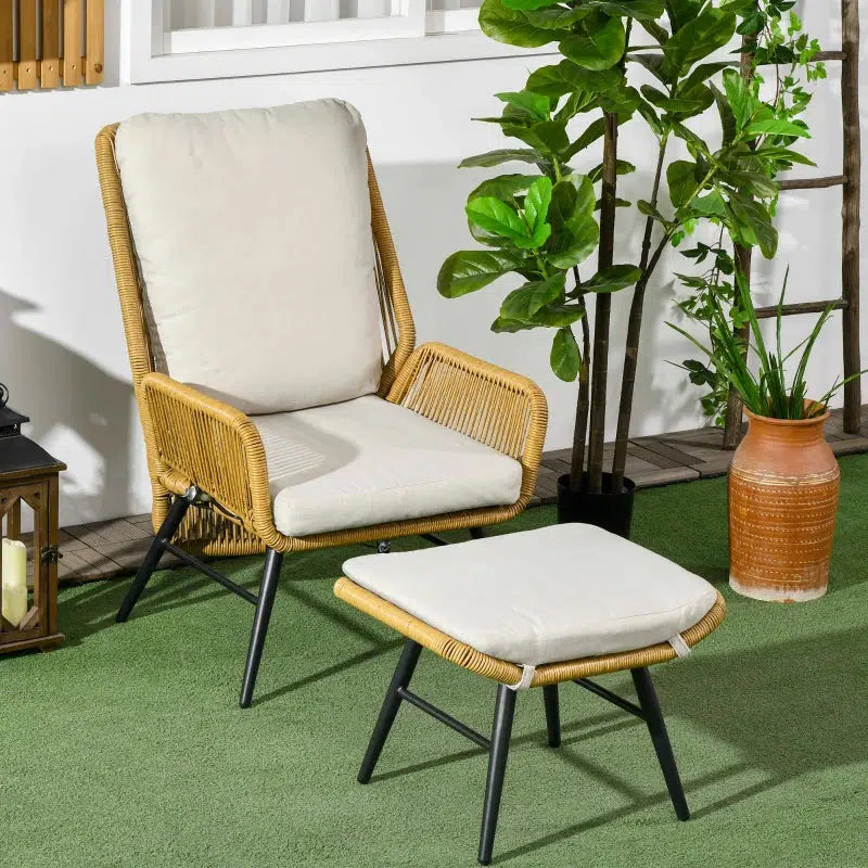 Polyrattan kerti szék és labtartó, állítható háttámla, világosbarna/szürke/fekete-VASBÚTOR