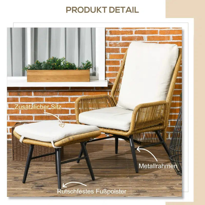 Polyrattan kerti szék és labtartó, állítható háttámla, világosbarna/szürke/fekete-VASBÚTOR