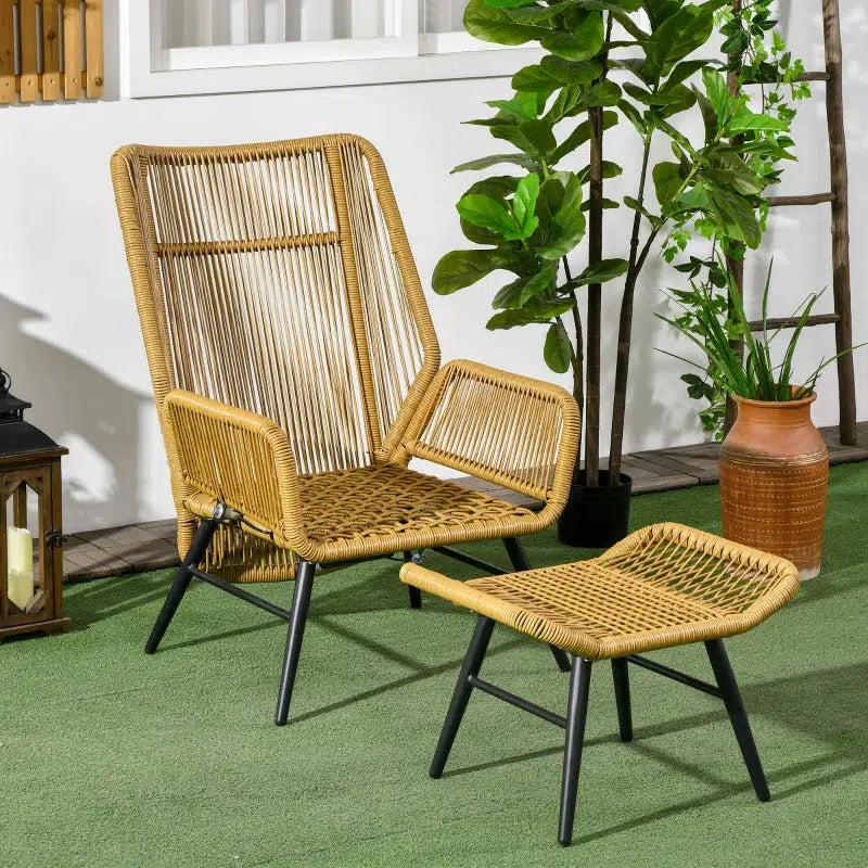 Polyrattan kerti szék és labtartó, állítható háttámla, világosbarna/szürke/fekete-VASBÚTOR