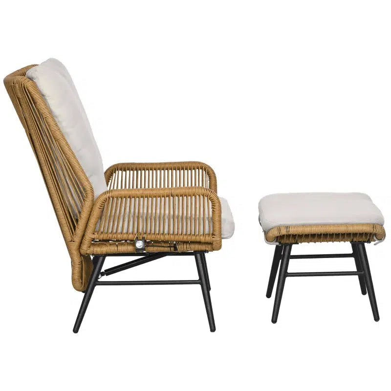 Polyrattan kerti szék és labtartó, állítható háttámla, világosbarna/szürke/fekete-VASBÚTOR