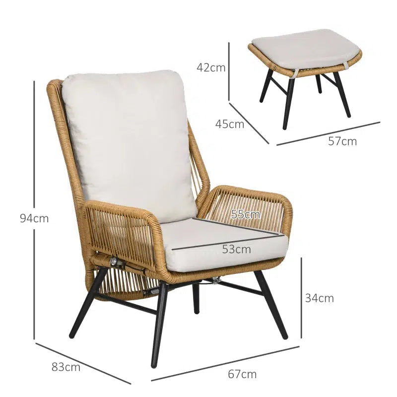 Polyrattan kerti szék és labtartó, állítható háttámla, világosbarna/szürke/fekete-VASBÚTOR