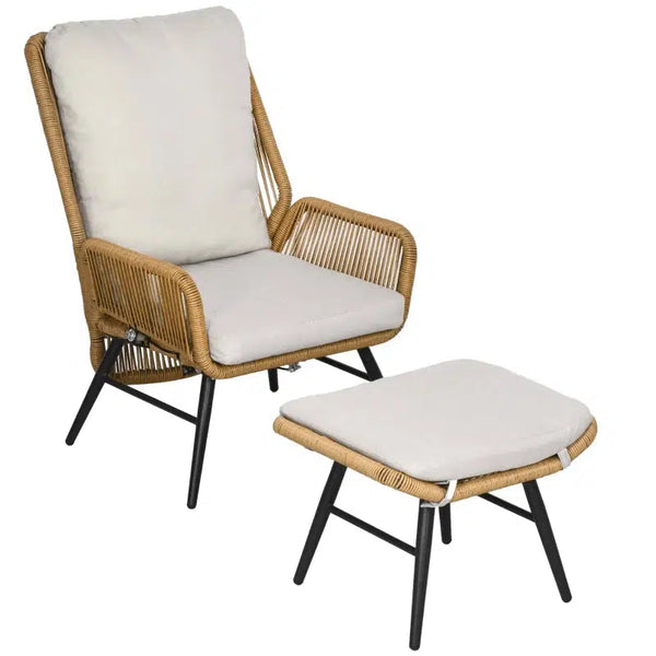 Polyrattan kerti szék és labtartó, állítható háttámla, világosbarna/szürke/fekete-VASBÚTOR
