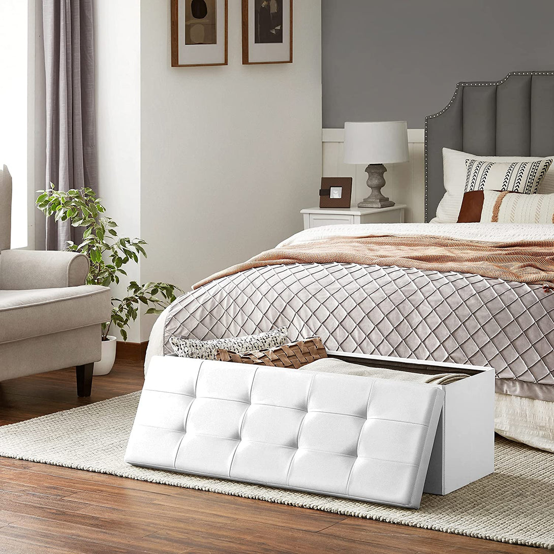 Puff, összecsukható puff tároló pad ottomán 120L, fehér, 110 x 38 x 38 cm-VASBÚTOR