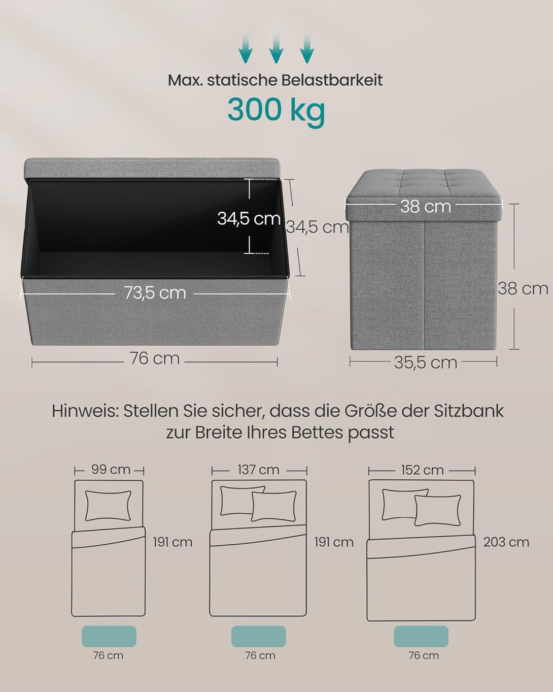 Puff, összecsukható tároló ottomán pad, lábtámasz, 80 L, 76x38x38 cm, világosszürke-VASBÚTOR