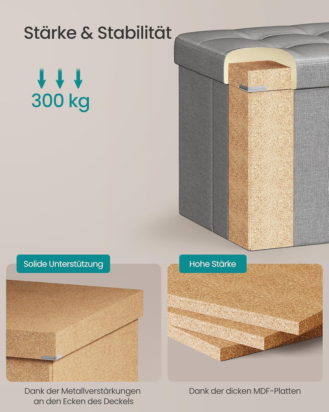 Puff, összecsukható tároló ottomán pad, lábtámasz, 80 L, 76x38x38 cm, világosszürke-VASBÚTOR