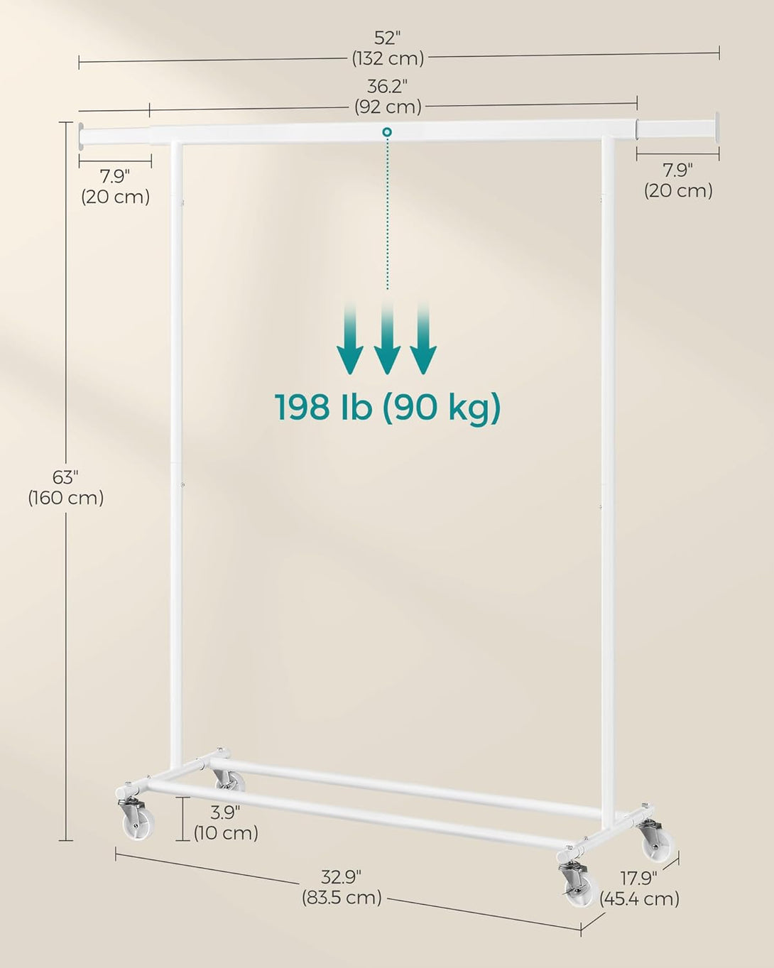 Ruhaáállvány, gurulós, ruháknak max teherbírás 90kg, fehér, 92-132 cm között állítható-VASBÚTOR