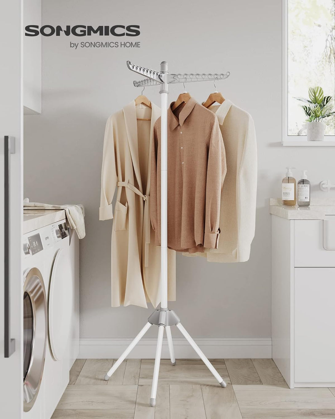 Ruhaszárító állvány, 3 forgatható karral vállfák számára 150 cm magas, szürke és fehér színben-VASBÚTOR