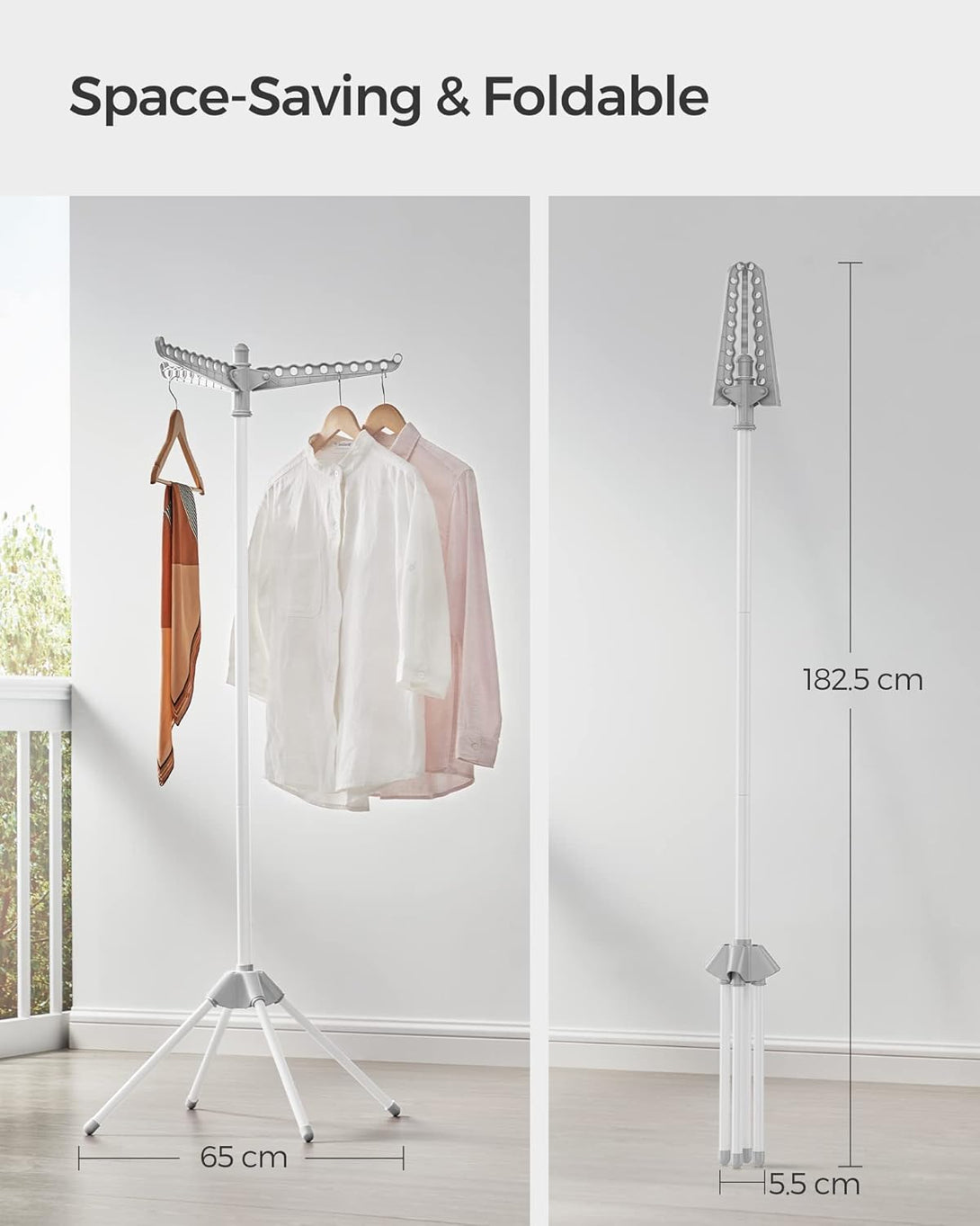 Ruhaszárító állvány, 3 forgatható karral vállfák számára 150 cm magas, szürke és fehér színben-VASBÚTOR