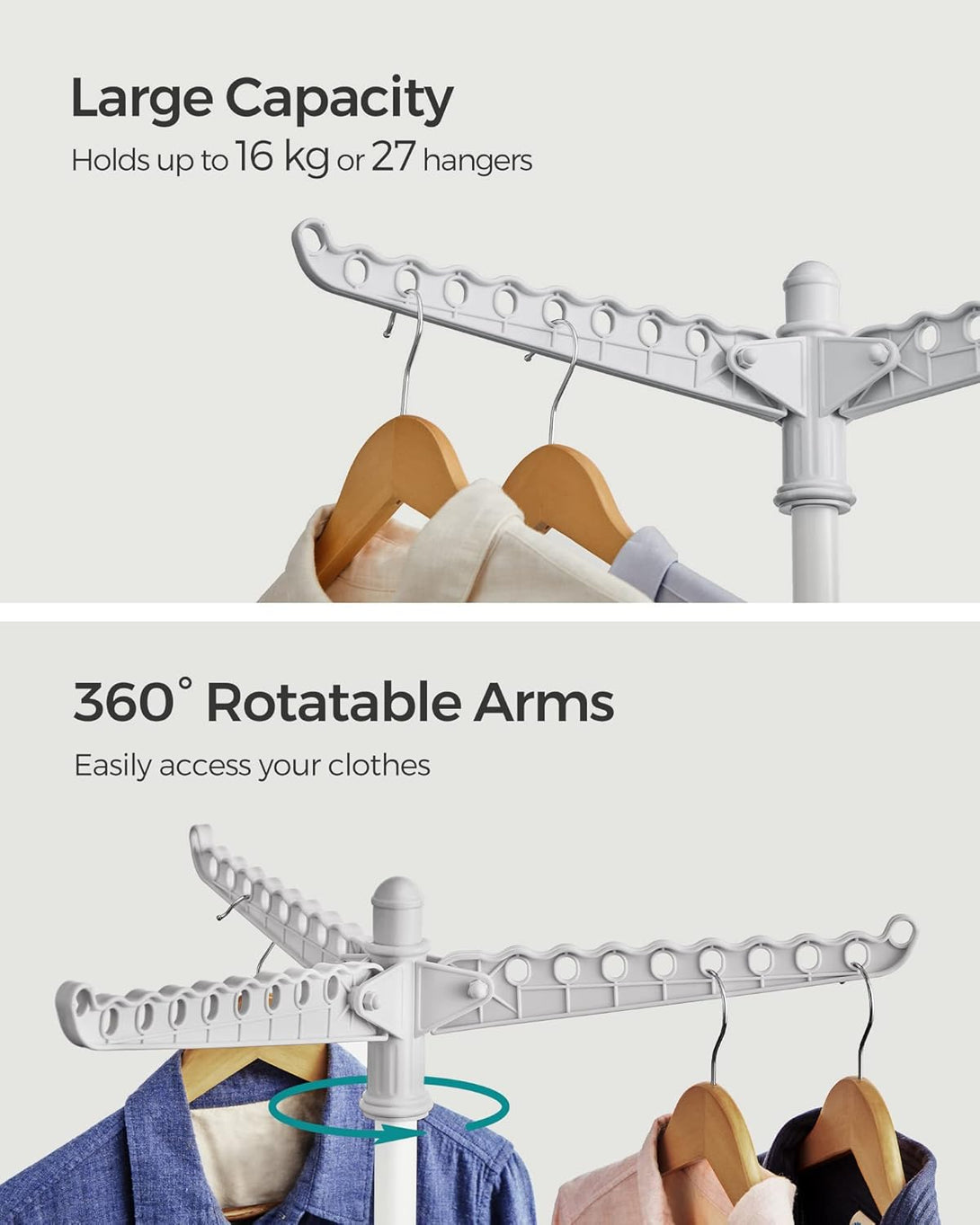 Ruhaszárító állvány, 3 forgatható karral vállfák számára 150 cm magas, szürke és fehér színben-VASBÚTOR