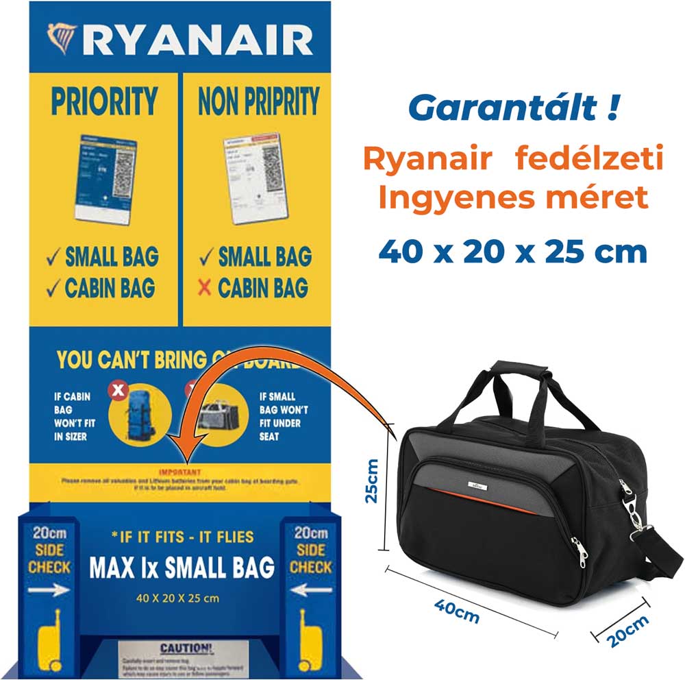 Ryanair/Wizzair kabintáska 40x25x20 cm, Bontour AIR Utazótáska, Fekete-VASBÚTOR