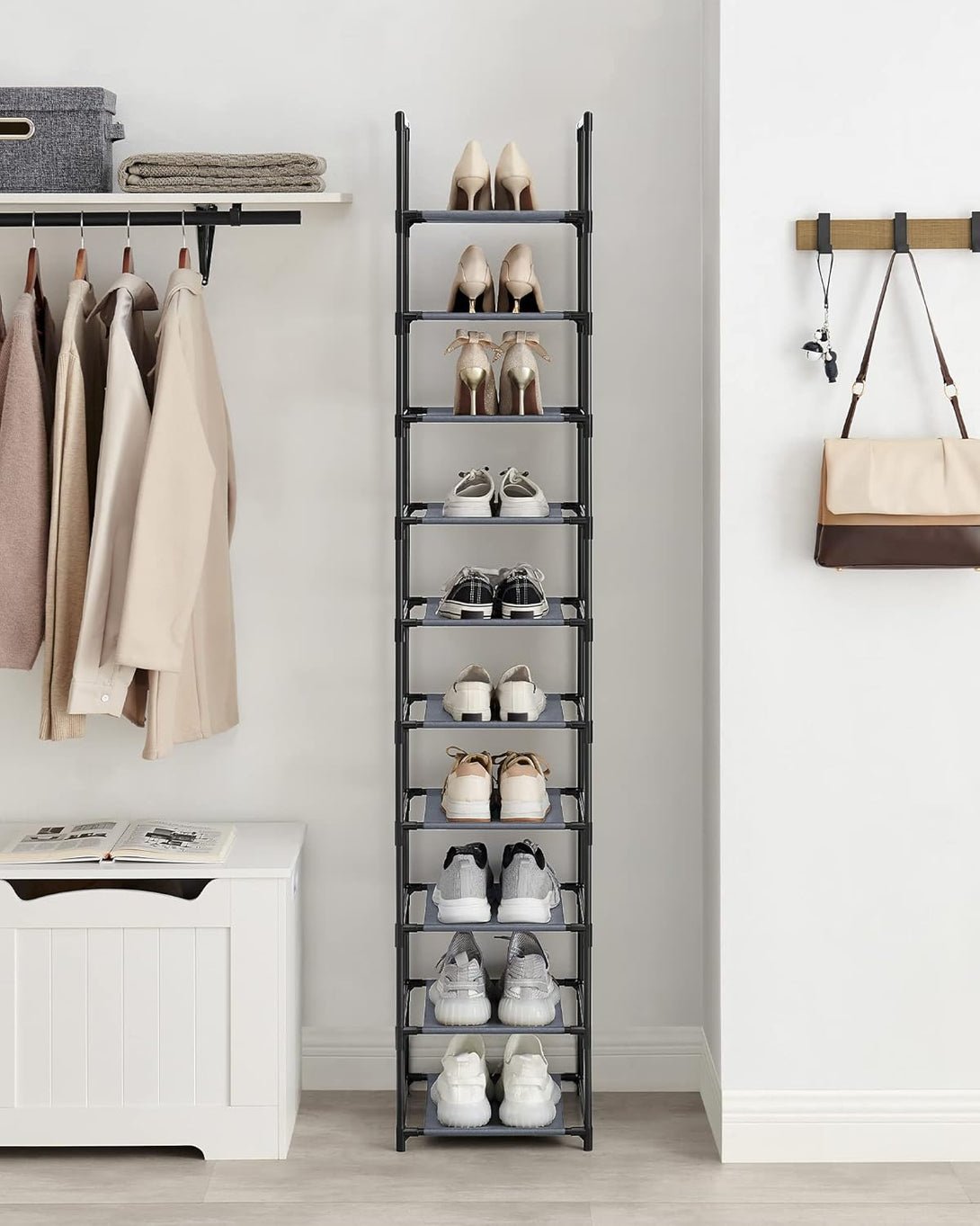 SONGMICS 10 szintes cipőtartó 33 × 33 × 173 cm, szürke-VASBÚTOR