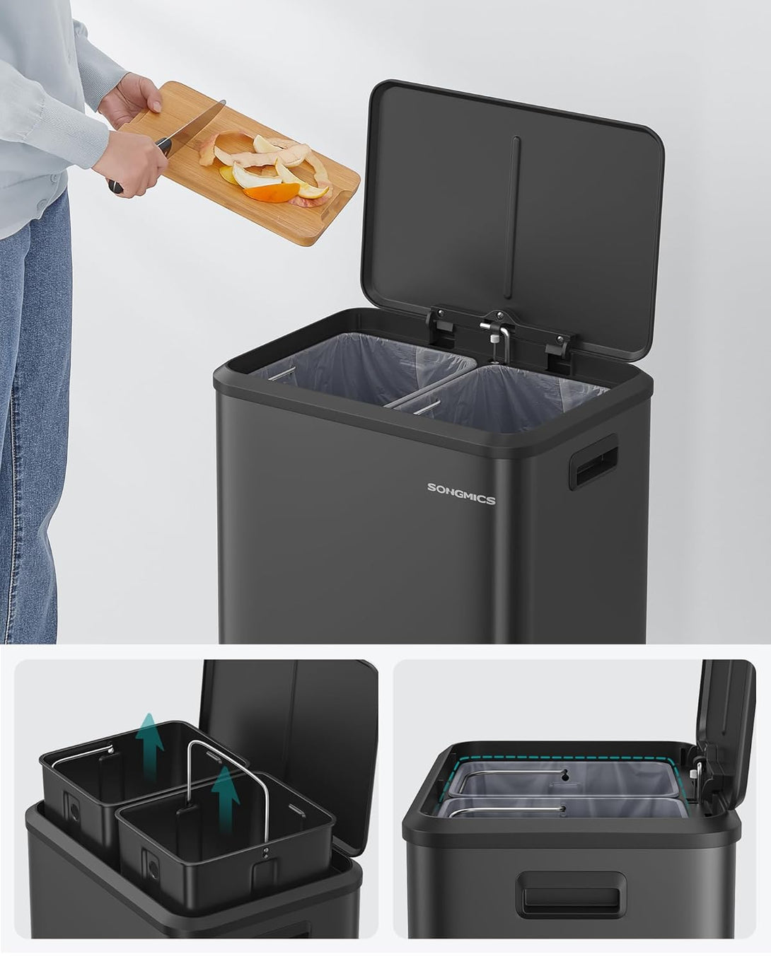 SONGMICS 2 x 15 literes konyhai szemetes fekete színben-VASBÚTOR
